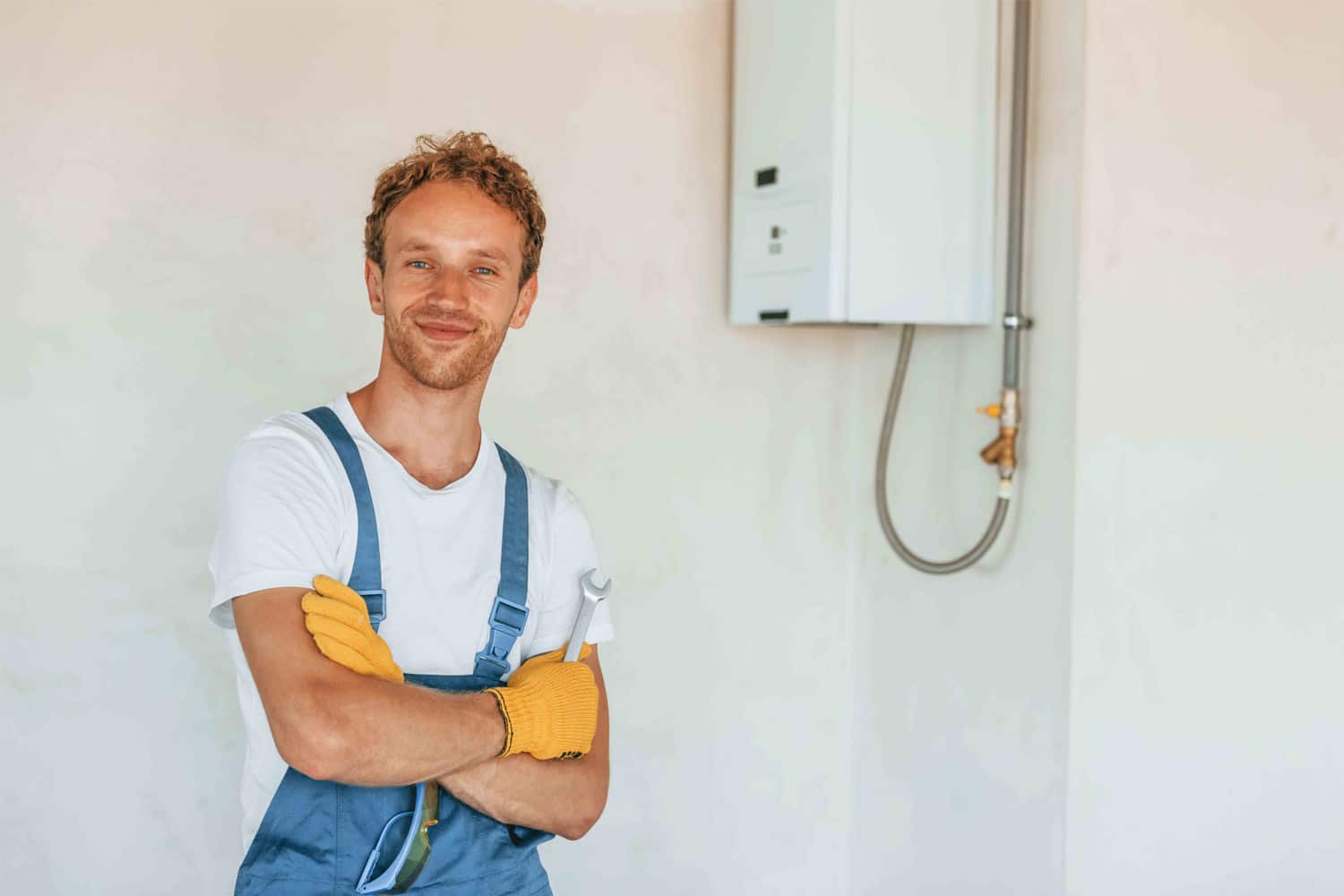 A HVAC professional standing in front of tankless water heaters